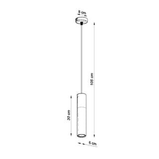Technical diagram showing the pendant light dimensions: 105 cm total drop, 30 cm body length, 6 cm diameter.