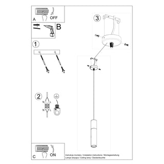 Technical diagram showing the steps for installing the pendant light, including wiring and ceiling mounting.