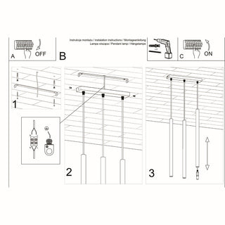 Technical diagram illustrating the mounting and wiring steps for the pendant light fixture.