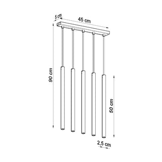 Diagram detailing the measurements of the 5-light pendant, including 90 cm drop and 45 cm bar.