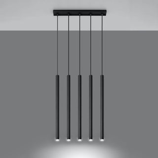 Five black cylindrical pendants lit up, showing the downward beam of light on a grey background.