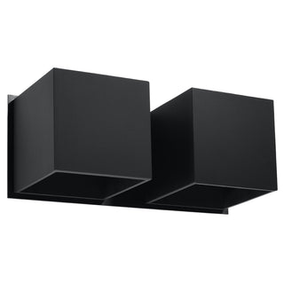 Black wall lamp featuring two square cuboid shades on a rectangular backplate, viewed from the front.