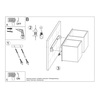 Technical diagram illustrating mounting, wiring, and assembly steps for the wall light fixture.