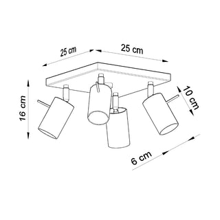 Technical diagram illustrating the four-spot ceiling light dimensions, including 25 cm width and 16 cm drop.