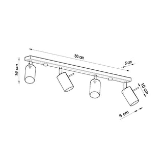 Technical line drawing showing the dimensions of the black four-spot ceiling light bar, including length and height.