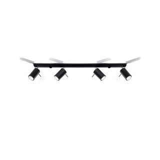 Side view of the black four-spot ceiling light bar showing the cylindrical heads angled downwards.