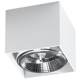 Square white ceiling light fixture shown at an angle, revealing the internal chrome reflector and bulb.