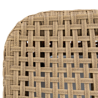 Close-up showing the texture of the taupe woven outdoor material in a tight basketweave.