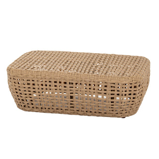 Rectangular woven taupe outdoor footstool base, showing the open weave structure.