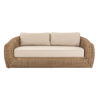 Plain front-on studio shot of the outdoor sofa showing the open square weave pattern and beige cushions.