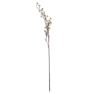 Single artificial dark brown stem with light green bud clusters at the top, full length, white background.