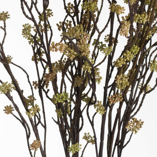 Close-up detail of multiple dark brown artificial stems with clusters of light green and beige buds.