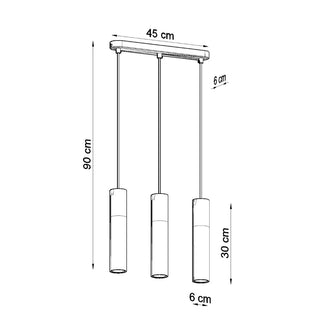 Line drawing illustrating the measurements: 45 cm ceiling plate, 90 cm drop, 30 cm pendants.