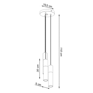 Technical line drawing showing the 3-pendant light dimensions: 110 cm drop, 19.5 cm rose, 30 cm shade length.