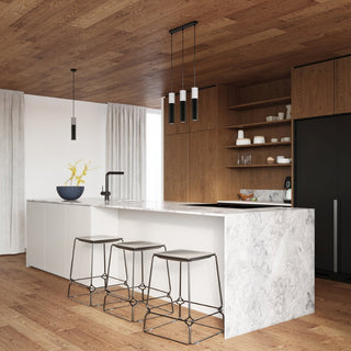 Borgio pendant lamps displayed as a single unit and a triple cluster in a modern wood-panelled kitchen.