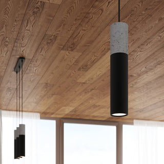Single and triple Borgio pendant lamps displayed against a textured wood-panelled ceiling and large window.