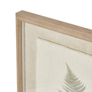 Light wood frame corner detail showing the beaded edge and layered fabric mount with frayed edges.