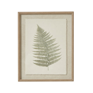 Front-on view of framed bracken fern illustration on frayed fabric, set in a light wooden beaded frame.