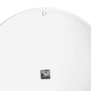 Back view of the white clock showing the hanging hook and the exposed quartz mechanism.