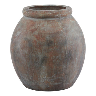 Round brown ceramic planter with a distressed, weathered finish.