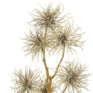 Close detail shot of the artificial brown xanthium seed heads and the central branching stem.