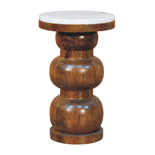 Plain front-on view of the Bulla side table with a white marble top and polished turned wood base.