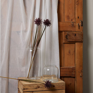 Artificial burgundy aster stems in a clear vase on a wooden crate, beside a sheer curtain and rustic wood.