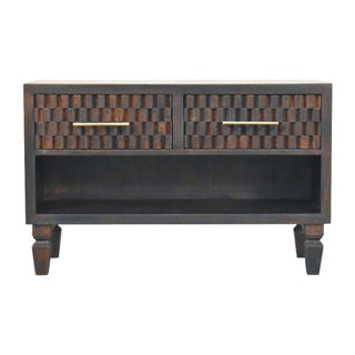 Dark wood shoe storage bench with two carved drawers, brass handles, and an open lower shelf.