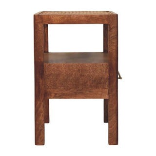 Front view of the rich brown bedside stand showing the open shelf and drawer.