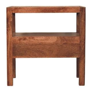 Front view of the dark wood bedside stand showing the open shelf and the solid drawer panel below.