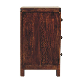 Profile view of the dark walnut bedside cabinet, displaying the solid side panel, top surface, and short square legs.