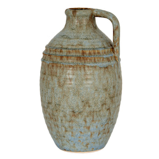 Tall ceramic bottle vase with a handle and mottled blue-grey and brown glaze, shown front-on against a white background.