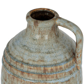 Close-up of the vase neck and handle, highlighting the mottled blue-grey glaze texture and horizontal banding.