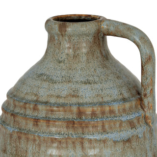 Close-up of the vase shoulder showing horizontal bands and the mottled blue-grey and brown glaze finish.