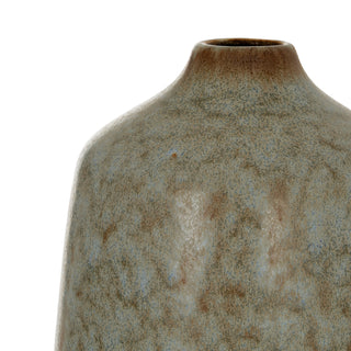 Close detail of the speckled blue-grey and brown reactive glaze texture on the main body of the ceramic bottle vase.