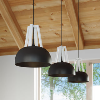 Three black pendant lamps with white frames suspended below exposed timber ceiling joists.