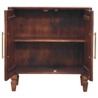 Front view of the dark wood cabinet with both doors open, showing the internal shelf.