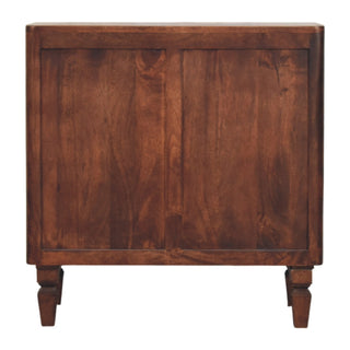 Plain back of the dark wood sideboard with visible wood grain and turned feet.
