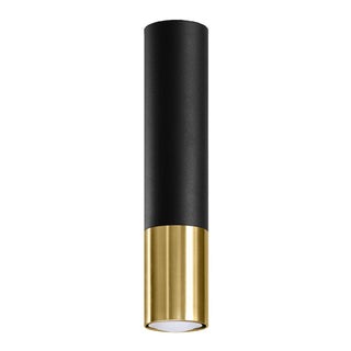 Cylindrical ceiling light fixture, black finish on top, golden finish on the lower section.