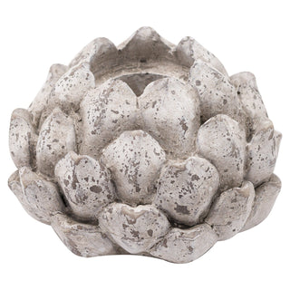 Ceramic tealight holder shaped like an acorn cup, featuring a rough, distressed grey stone finish.