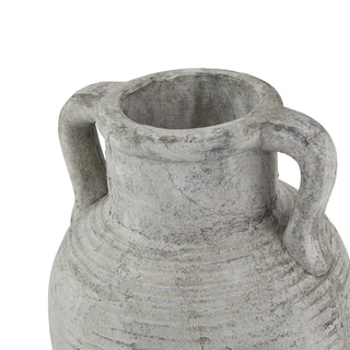 Close-up of the amphora urn neck, showing the distressed grey patina finish, rim, and handles.