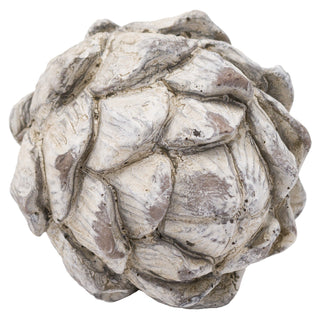 Plain front-on studio shot of the ceramic artichoke ornament with a distressed antique white finish.