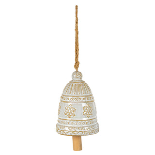 White ceramic bell ornament with gold snowflake detail, hanging from a twine loop. Wooden clapper visible.