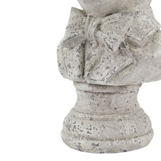 Close detail of the ceramic hare bust base, showing the distressed grey texture and the bow tie knot.