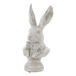 Ceramic grey hare bust ornament with a bow tie detail, plain front-on studio shot.
