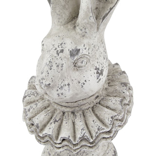Close view of the hare ornament showing the mottled grey ceramic finish and the detailed ruffle collar.