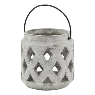 Front view of a grey ceramic lantern with a diamond lattice cutout pattern and a black wire handle.