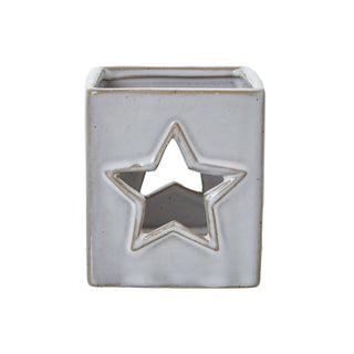 Square glazed ceramic tealight holder with a central star cut-out, shown front-on.