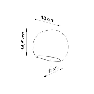Diagram illustrating the ceramic wall light's size: 14.5 cm height, 18 cm width, 11 cm depth.