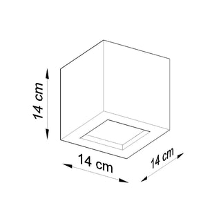 Technical diagram showing the cube wall light dimensions: 14 cm high, 14 cm wide, 14 cm deep.